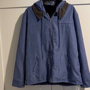 Men's Blue Hooded Jacket with Brown Accents